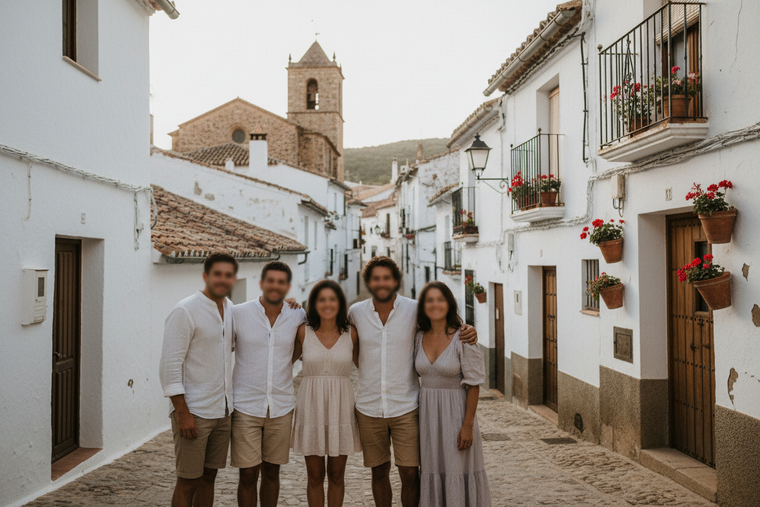 haz una foto donde las caras sean borrosas de un grupo de amigos, con un pueblo detras que se vea lo mas real posible 